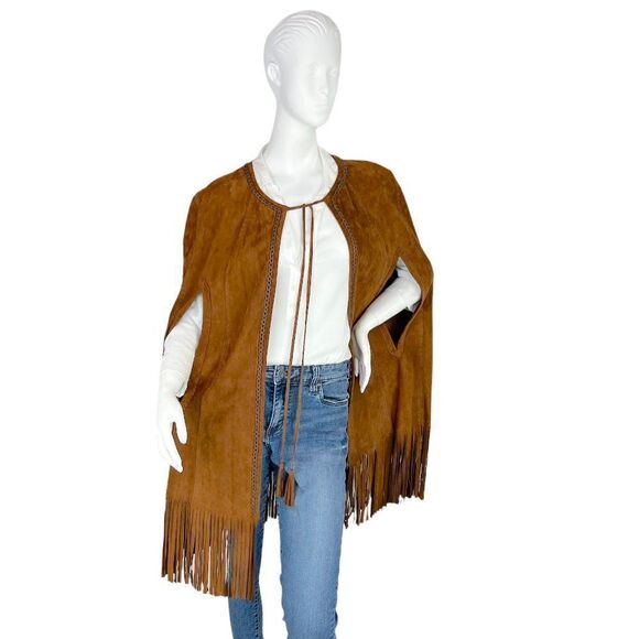 New SKETCH & STYLE Rust Brown Suede Lamb Leather Fringe Luxe Poncho $990, Large - Picture 7 of 10